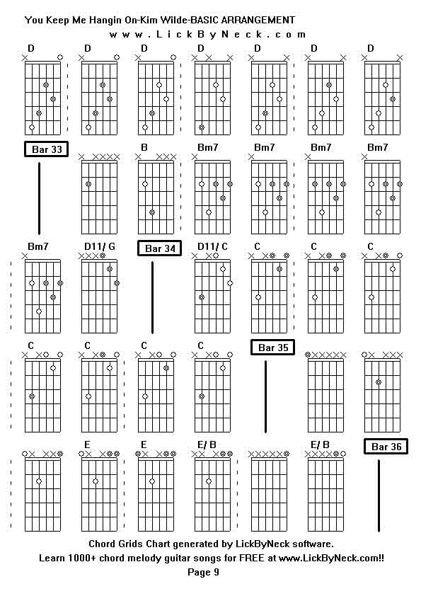 Chord Grids Chart of chord melody fingerstyle guitar song-You Keep Me Hangin On-Kim Wilde-BASIC ARRANGEMENT,generated by LickByNeck software.